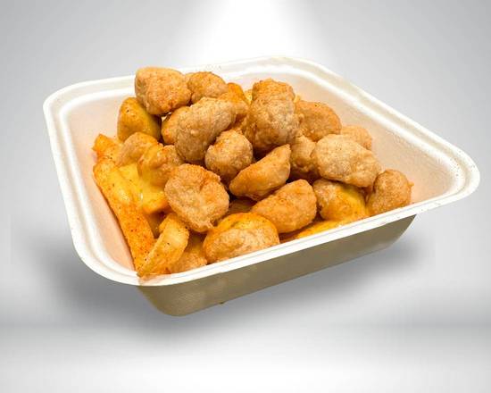 Comes with chicken popcorn, crispy fries, and melted queso cheese.